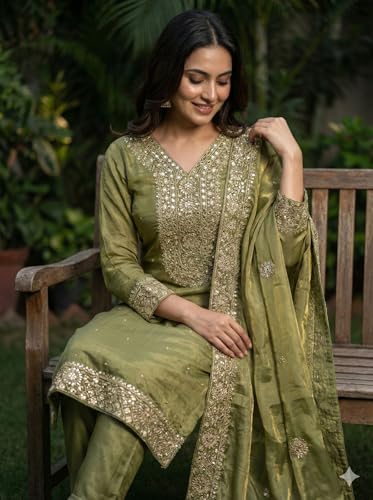 Image of JIYA'S Collection Women Eid Special Fendy Silk Embroidered Kurta Palazzo Set with Dupatta