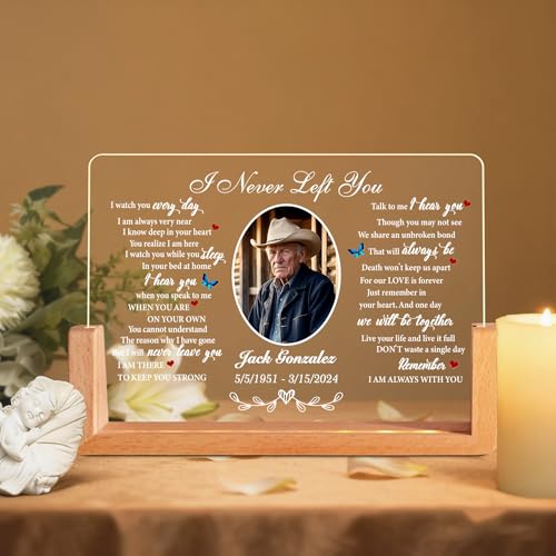 Personalized Memorial Light Plaque with Photo Custom Sympathy Gift for Loss of Mom Dad Loved One Bereavement Keepsake Memorial Picture Frame with Poem Decorative Sign (I Never Left You)