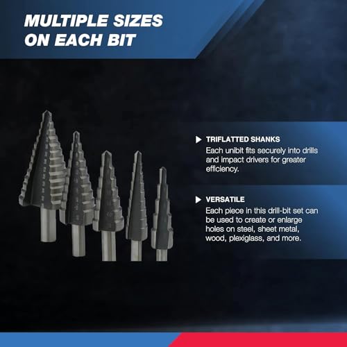 NEIKO 10198A Step Drill Bit Set | 5 Piece, 4mm- 35mm | Metric Titanium High Speed Steel Unibit, Stepper Cone Drill Bit | Two Flute Step Down Bits, 135 Degree Point 3 NEIKO 10198A Step Drill Bit Set | 5 Piece, 4mm- 35mm | Metric Titanium High Speed Steel Unibit, Stepper Cone Drill Bit | Two Flute Step Down Bits, 135 Degree Point - Image 3