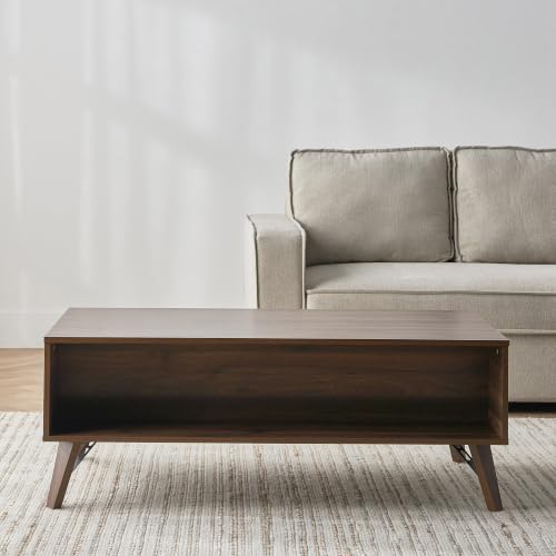 Image of Modus Engineered Wood Coffee Table with Hidden Storage Drawer | Modern Center Table for Living Room | Minimalist Tea Table with Spacious Storage | Dark Walnut Finish