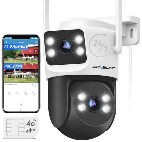 GENBOLT 4G LTE Cámara Vigilancia Exterior con Tarjeta SIM sin WiFi, Doble Lente PoE CCTV Cámara Seguridad Cableada Grabación 24/7, Cámara IP PTZ con Detección Humano Seguimiento Automático
