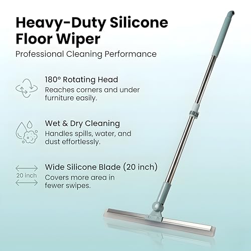 Image of Heavy-Duty Silicone Floor Squeegee with 180 Rotating Head, Stainless Steel Extendable Handle, 20 Inch Blade, for Wet & Dry Cleaning