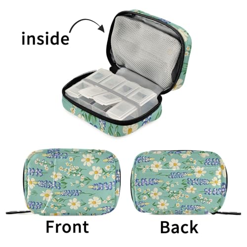 Image of Cute Green Bluebonnet and Daisies Cute Pill Organizer Weekly Travel Pill Box 7 Day Large Capacity Pill Dispenser Case with 8 Pill Container Daily Pill Box Organizer Vitamin Holder Pill Bottle