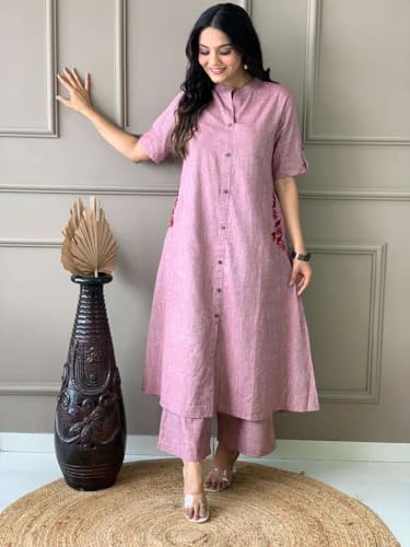 Image of Women's Cotton Embroiderd Long A-Line Kurti with Palazzo