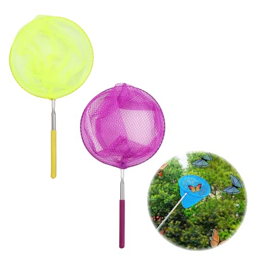 DELUXEFOX 虫取り網 伸縮自在虫取り網 (2個セット) 5段伸縮軽量 昆虫ネット 魚取りあみ 水陸両用虫取り網 昆虫採集用具 子供用捕虫器 屋外ツール 調節可能 トンボ 蝶 小魚の捕獲に適しています (イエロー+パープル)