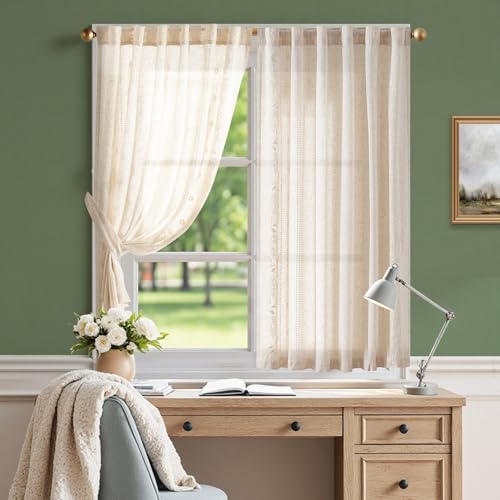 Image of jinchan Ivory Floral Linen Kitchen Tier Curtains 54 Inch Back Tab 2 Panels