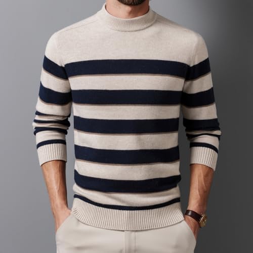 Mens 100% Wool Mock Turtleneck Sweater Vintage Striped Pullover Sweater Fashionable Knitted Long-Sleeved Top2