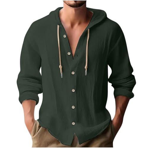 Linen Hoodies for Men Summer Button Drawstring Long Sleeve Shirts Casual Breathable Lightweight Beach Hoodie Blouses