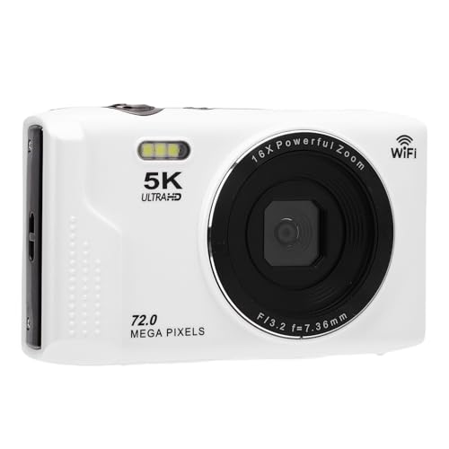 Jectse Cámara Digital 5K 72MP UHD Cámara Digital Ultra HD HD con Zoom óptico 16X Pantalla de 2,8 Pulgadas Tarjeta de Memoria Integrada de 32 GB WiFi para Fotografía de (White)