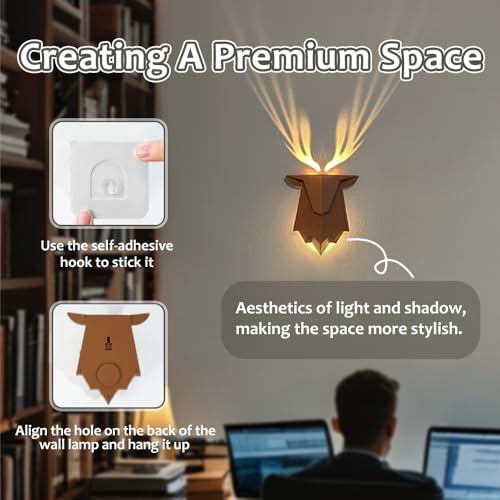 Image of Deer Shadow Lamp, Deer Antler Shadow Wall Lamp with Remote Control, Nail-Free Wall-Mounted Night Light for Bedroom, Living Room, Hallway, Battery Powered and Removable Rechargeable