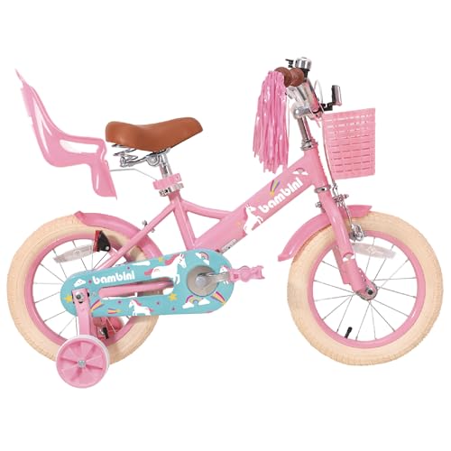 Bambini Bicicleta Infantil Unicornio - 14 Pulgadas Rosa - con Ruedines, Cesta Delantera y Asiento para Muñecas - Marco Resistente de Metal - Bicicleta para Niñas Desde 3 Años