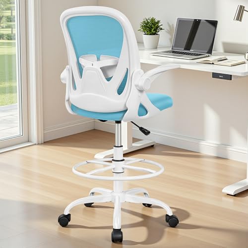 Image of Primy Drafting Chair Tall Office Chair with Flip-up Armrests Executive Ergonomic Computer Standing Desk Chair with Lumbar Support and Adjustable Footrest Ring(Blue)