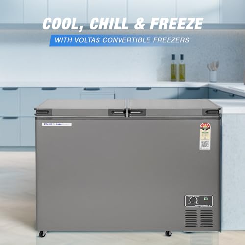 Image of Voltas 361 Litre, 5 star, Convertible, Hard Top Double Door Chest Freezer, Castor wheels, UV graded plastic (VOLTAS CVF360DA5-W-PL, Grey)