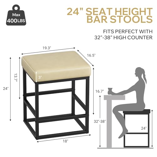 Image of Bar Stools Set of 5, 24in Counter Height Barstools, Faux Leather Counter Stools with Thick Square Seats & Sturdy Metal Base, Modern Bar Chairs for Kitchen Island (Beige)