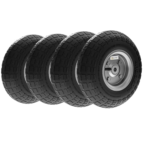 Outsunny Juego de 4 Ruedas para Carretilla, Neumáticos de Goma Ø255 x 75 mm, Ruedas de Repuesto, Eje de 16 mm, Carga 80 kg, para Carros de Mano y Carritos de Jardín, Negro