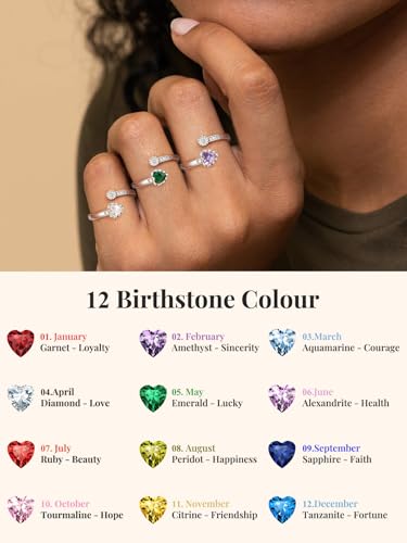 Silvora 925 Sterling Silver Adjustable Birthstone Ring with Heart Shaped Gemstone and Round CZ, Perfect for Women, with Gift Box3