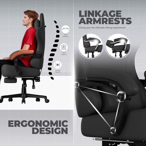 Image of GTPLAYER Big and Tall Gaming Chair 400lbs Heavy Duty Office Chair with Footrest, High Back Pocket Spring Ergonomic Computer Chair for Adults, Wide Seated Cushion with Linkage Armrests, Leather Black