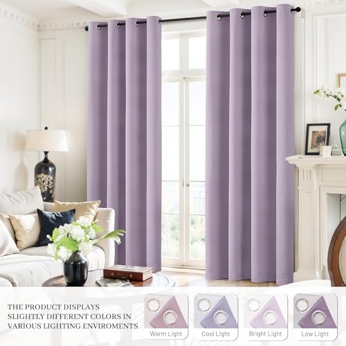 Yakamok Lilac 100% Blackout Curtains 96 Inches Long with 2 Thick Layers-Light Purple Room Darkening Thermal Insulated Window Curtain Set of 2 Panels for Bedroom Living Room 52x96 Inches,Lavender