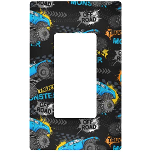 Monster Blue Truck Car Grunge Wall Plate Cover Size 1-Gang 4.6" X 2.9" Single Rocker Switch Plates Kids Boys Decorative Nursery Teen Toddler Game Room Bedroom Bathroom Decor #TOP28