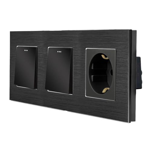 Luxus-Time Marco de 3 vías con 2 interruptores de luz basculantes y enchufe Schuko para empotrar en pared, interruptor basculante (marco de aluminio, 2 interruptores de luz + enchufe, negro)