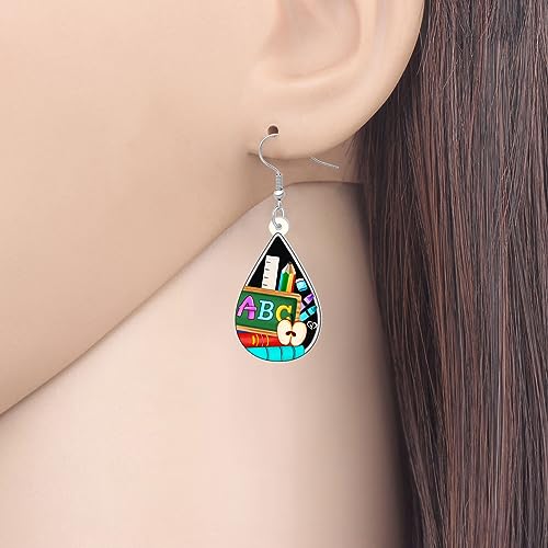 Acrylic Globe Pencil Earrings Dangle Jewelry Ruler Eraser Stationery Sets for Kids Teachers Women Girls Back to School Gifts (Teardrop ABC)2
