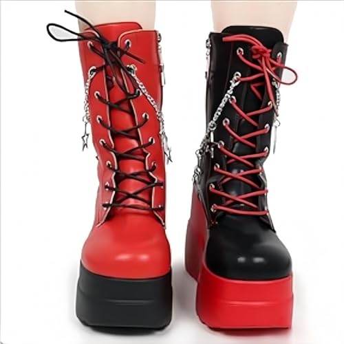 Platform Goth Ankle Boots for Women Punk Motorcycle Round Toe Chunky Heel Mid Calf Combat Boots Side Zipper Lace Up Wedge Booties2