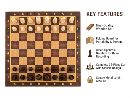 Image of 12 Inches Wooden Handmade Foldable Chess Board Set with Pieces and Queens for 2 Players for Kids and Adults (12x12 Inches, Brown)