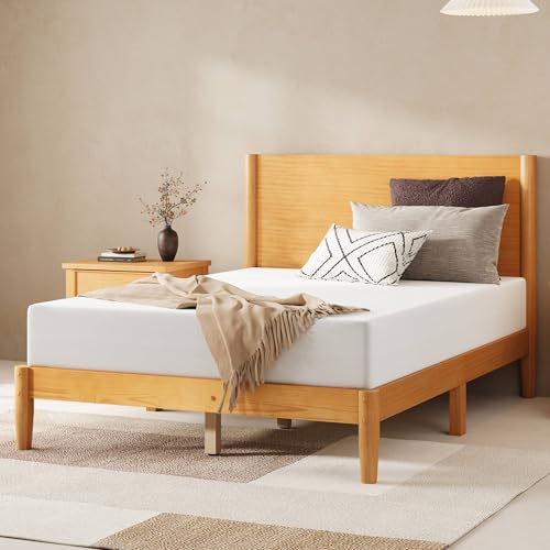 Image of AMERLIFE Solid Wood Full Size Bed Frame, Mid Century Modern Platform Bed with Full Panel Headboard, Noise-Free & Cylindrical Legs, No Box Spring Needed, Under-Bed Storage, Natural Wood