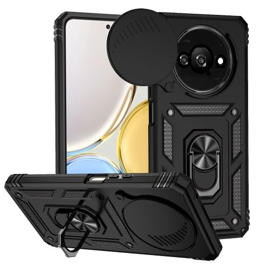KrKis TPU+PC Back Cover Compatible to Redmi A3 with Sliding Camera Shield Cover & 360° Protection Build-in Ring Stand Mobile Phone Case for Mi A3 (Black)