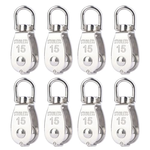 M15 Single Pulley Snatch Block Lifting Crane Swivel Hook, 304 Stainless Steel, 1/4" Rope x 3/5" Sheave, 80 lbs Load (M15-8PCS)
