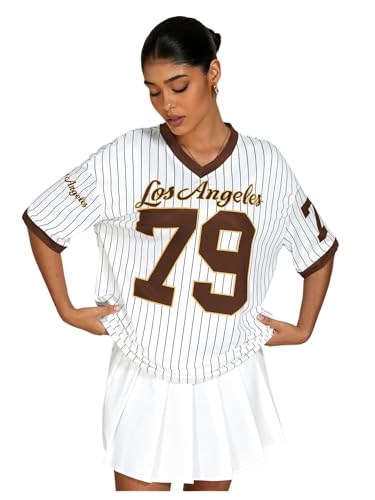 Milumia Women's Number Striped Print V Neck Half Sleeve Oversized Jersey T-Shirt3