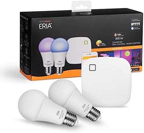 ERIAAduroSmart Colors and White Shades A19 60W Equivalent LED Smart Bulb Starter Kit, 2 x A19 Bulbs and 1 Hub, Compatible with Amazon Alexa, Google Assistant