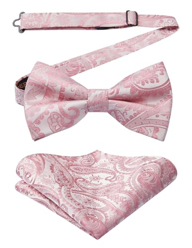 HISDERN Gravatinha homem pré-atada conjunto de gravatas-borboleta e lenço de bolso ajustável gravata com lenços para festa casamentos, E rosa 2, Tamanho único