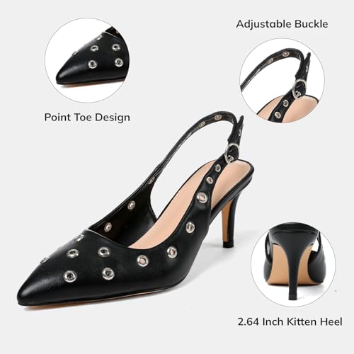 Womens Slingback Kitten Heels Studded Closed Pointed Toe Backless Low Pumps Wide Sexy Prom Wedding Casual Dress Shoes2