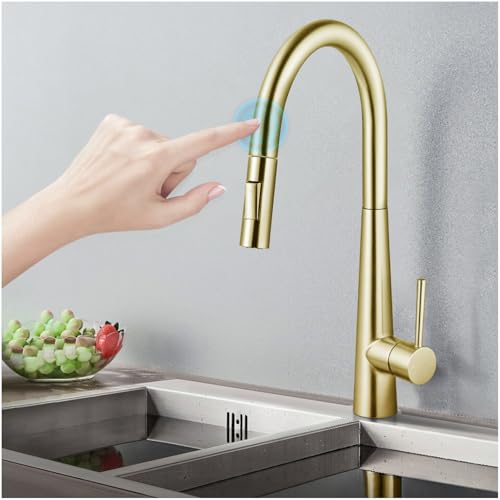 ACA International WELS Touch-Sensitive Kitchen Mixer Tap Solid Brass Kitchen Pull-Out Faucet Taps 2-Mode Spray Swivel Laundry Sink Basin Taps (Yellow Gold)