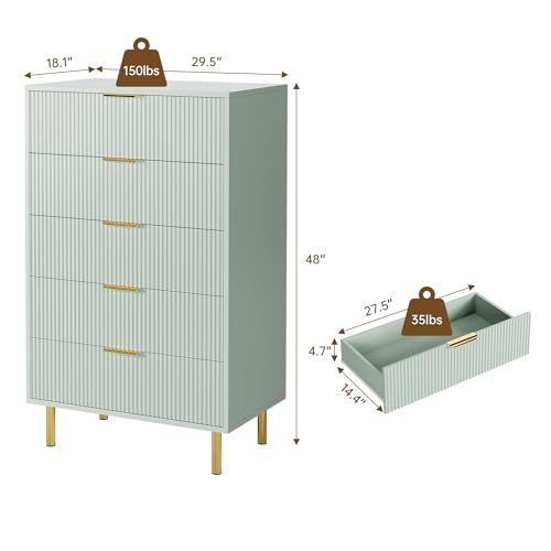 Green Dresser, Modern 5 Drawer Dresser for Bedroom with Gold Handle and Large Drawer, Wood Double Chest of Drawers and Storage Organizer for Living Room, Hallway, Entryway