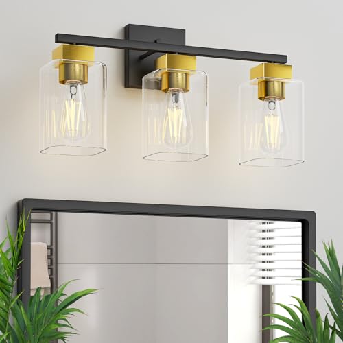 Image of Black and Brushed Gold Bathroom Vanity Light, 3-Light Vanity Lighting fixtures Over Mirror, Square Design & UL Certification, Wall Sconces with Clear Glass Shades, E26 Socket (Bulbs Not Included)