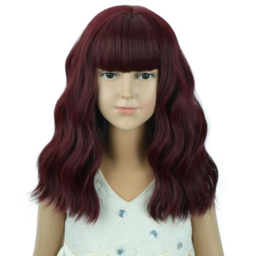 Image of Deep Red Wig Girls Short Red Wavy Curly Wigs Wig with Air Bangs Synthetic Cosplay Hair Wigs