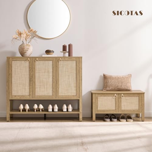 Image of SICOTAS Rattan Shoe Cabinet Storage for Entryway - 30 Pairs Boho Shoe Storage Organizer with Adjustable Shelves & 3 Doors, Tall Shoe Rack Cabinet for Hallway, Living Room (Carbon Cherry)