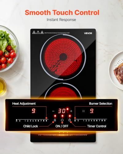Image of VEVOR Electric Cooktop 12inch 2 Burners Portable Stove Top 1800W 120V, Ceramic Countertop /Built-in Radiant Electric Stove, with 9 Power Levels, Timer, Child Lock, Over-Heat Guard, Touch Control