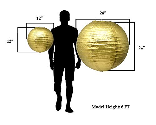 Image of Mudra Crafts 12 Inch Round Chinese Gold Paper Lanterns Hanging Decor | 10 PCs, Reusable, Indoor Outdoor Decorative Lamp Shade, for Ceiling, Wedding, Shower, Party, Festival, Home Decoration