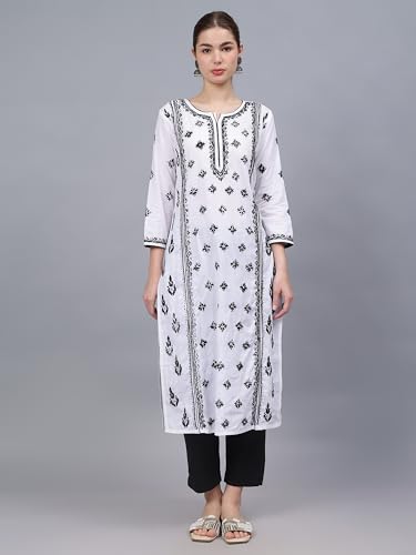 Image of Seva Chikan Hand Embroidered Lucknowi Chikankari Cotton Straight Kurta for Women SCL4567