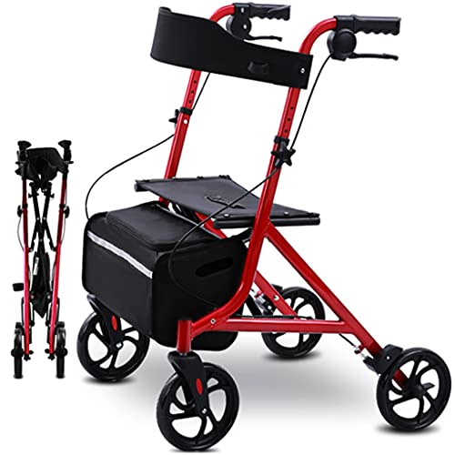 Déambulateur à 4 roues rouge pliable et léger avec siège confortable