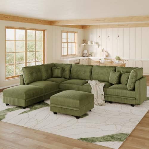 Image of LLappuil Modular Sectional Sofa with Storage, U-Shaped 7-Seat Corduroy Couch with 7 Throw Pillows, Pet-Friendly Convertible Sofa for Living Room & Apartment, Skin-Friendly, Green