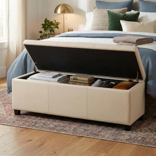 Image of SIMPLIHOME Avalon 48 inch Wide Vegan Leather Storage Ottoman in Satin Cream