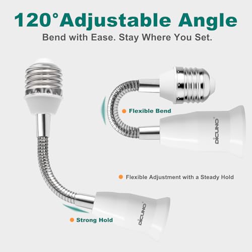 Image of DiCUNO E26 /E27 Socket Extender Adapter, to Flexible Extension, All-Directional Adjustable Standard Medium Light Bulb Converter (2-Pack)