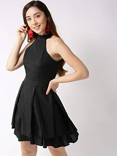 Image of Sera Women's Black Polyester Fit and Flare Pleated Midi Backless Dress