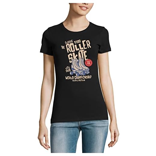 Klassisk 80-tals rullskridskoåkning dam tryckt rund hals kortärmad grafisk t-shirt svart, Svart, L