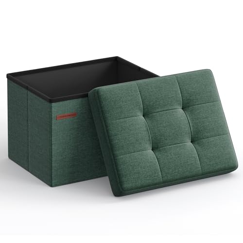SONGMICS Mazie Collection - Small Folding Storage Ottoman, Foot Rest Stool, 12.2 x 16.1 x 12.2 Inches, 286 lb Load Capacity, for Living Room, Bedroom, Home Office, Dorm, Retro Green ULSF102C