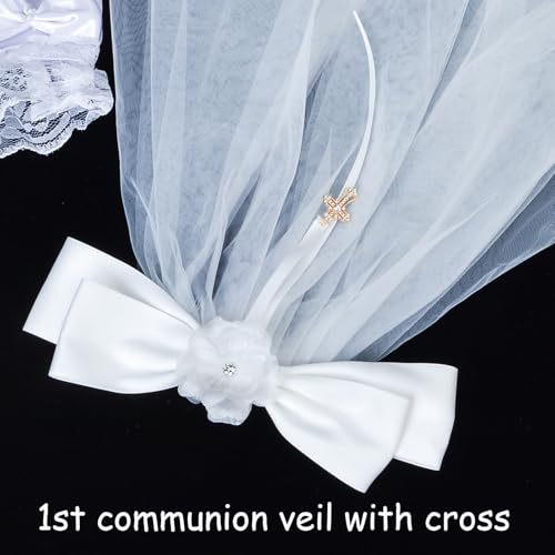 Image of First Communion Veil and White Gloves Headband Headpiece for Communion Day